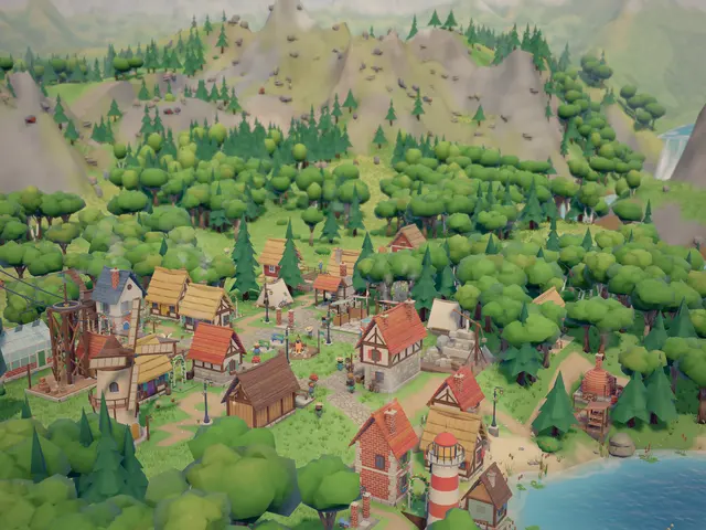 The town in summer, spread out along the lake.