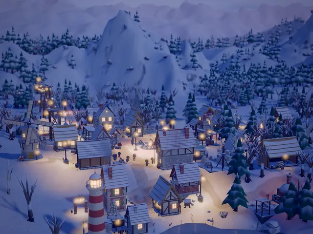 Snow on the rooftops on a winter night.